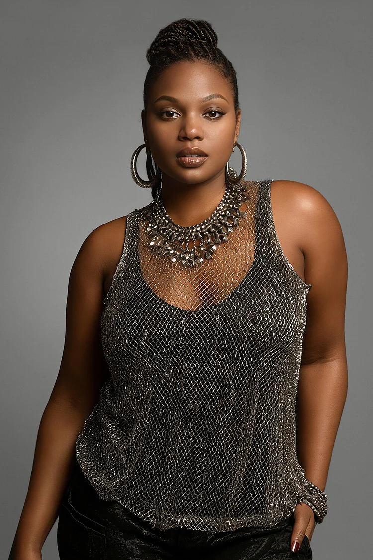 Xpluswear Design Plus Size Party Silver Round Neck Cut Out Tulle Tank Tops [Pre-Order] 2024 - Xpluswear