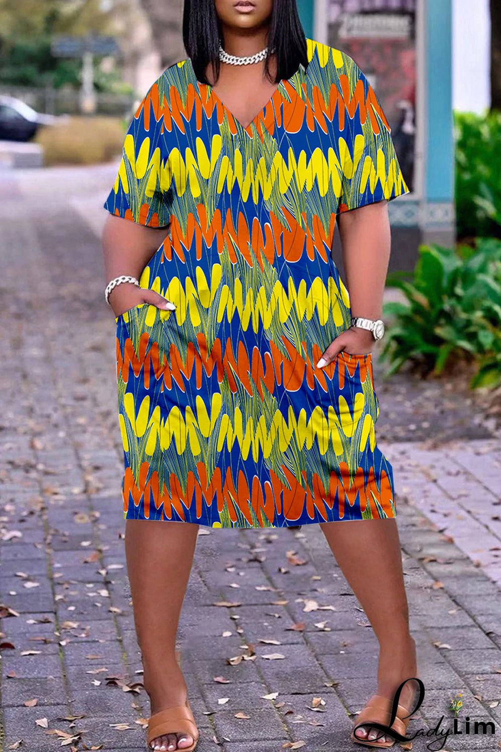 Blue Fashion Casual Print Patchwork V Neck Short Sleeve Dress