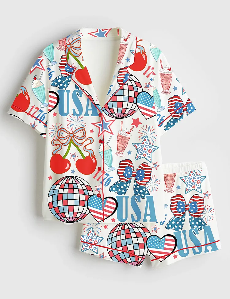 Women&rsquo;s 4th Of July 1776 Patriotic Cherry Bow America Coquette Wine Short Sleeve Satin Pajama Set