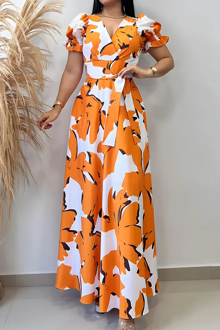 Floral Print V Neck Puff Sleeve Tie Up A-Line Maxi Dresses-Orange
