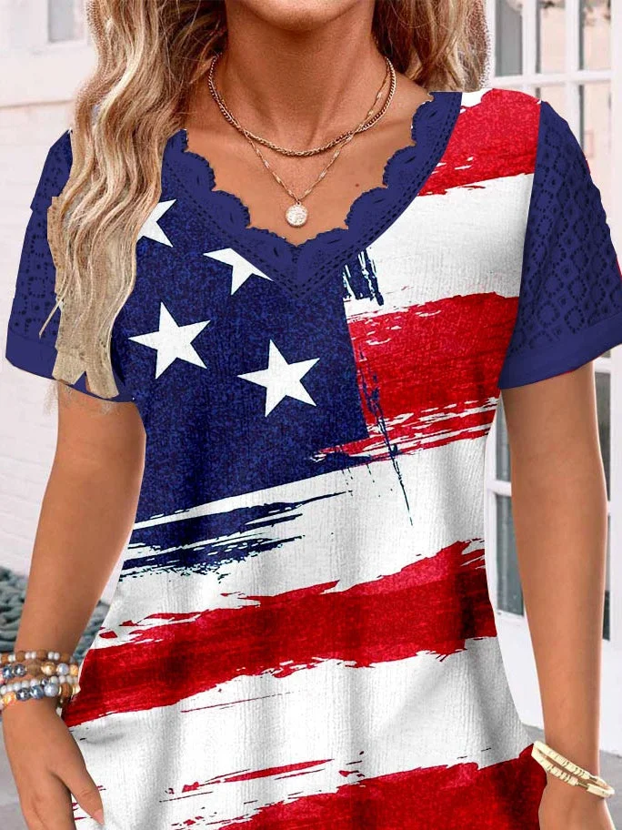 Women's Short Sleeve V-neck Graphic Printed Lace Stitching Top