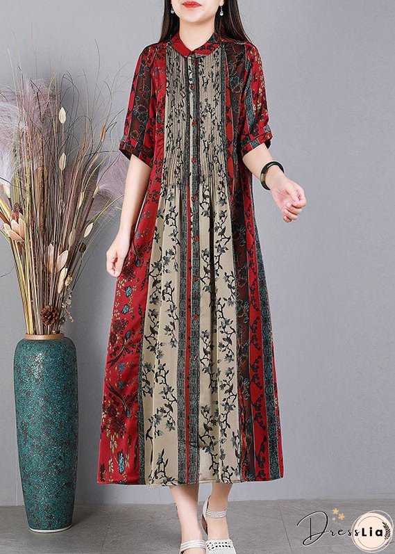 Loose Black O-Neck Print Patchwork Wrinkled Silk Party Dress Short Sleeve