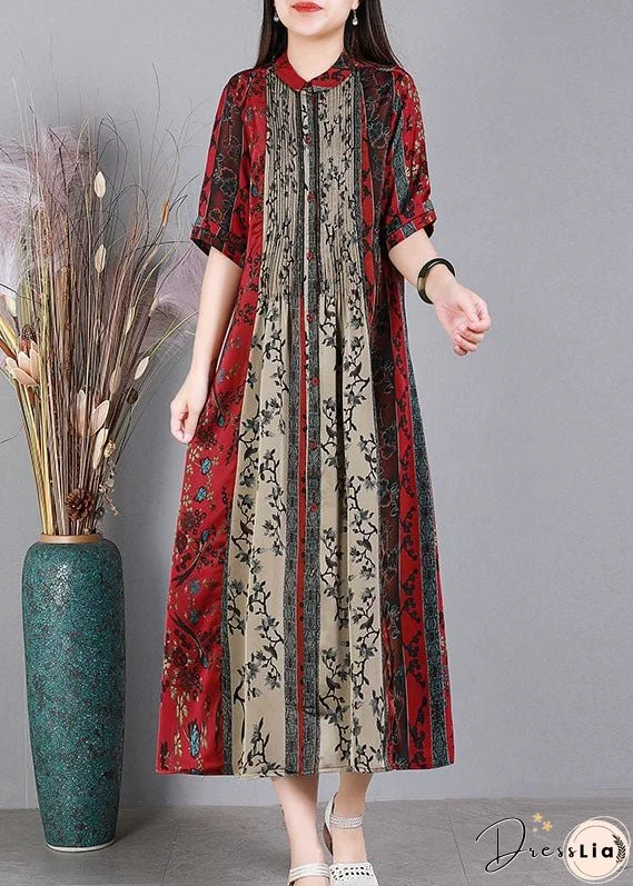 Loose Black O-Neck Print Patchwork Wrinkled Silk Party Dress Short Sleeve