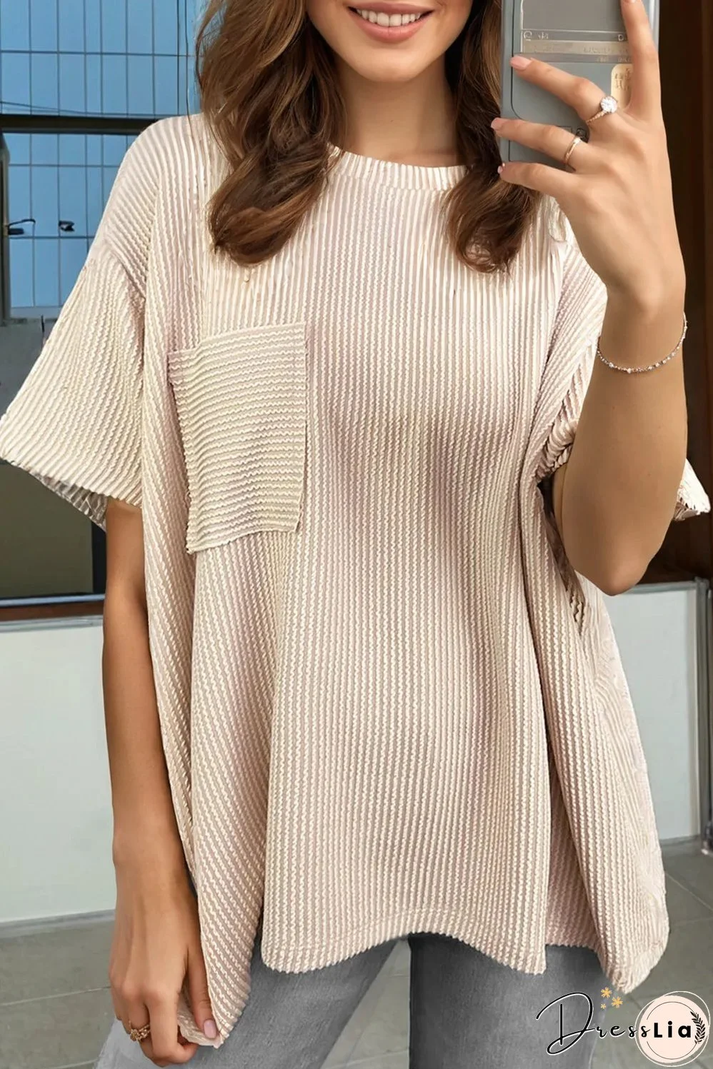 Beige Corded Knit Pocketed Loose Fit T Shirt