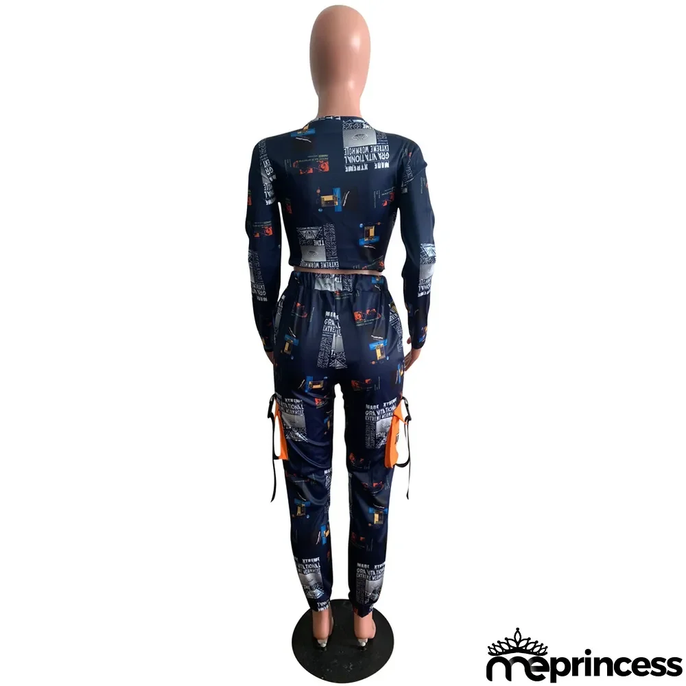 Womens Sexy Letter Print Long Sleeve Top and Pant Two Piece Set