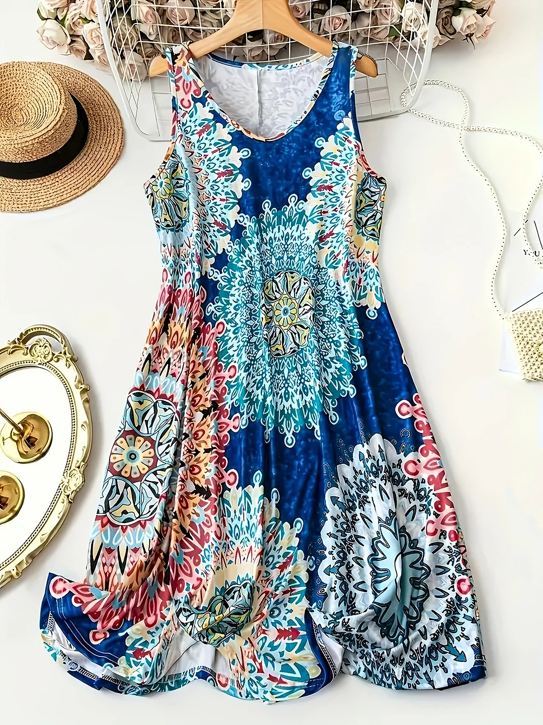 Women's Sleeveless V-Neck Dress - Vibrant Floral & Paisley Print, Stretchy Polyester Blend, Machine Washable, All-Season Casual Elegance For Vacation & Casual Attire, Travel Clothing, Elegant Silhouette, Comfortable Fit, Stylish Women | IFYHOME