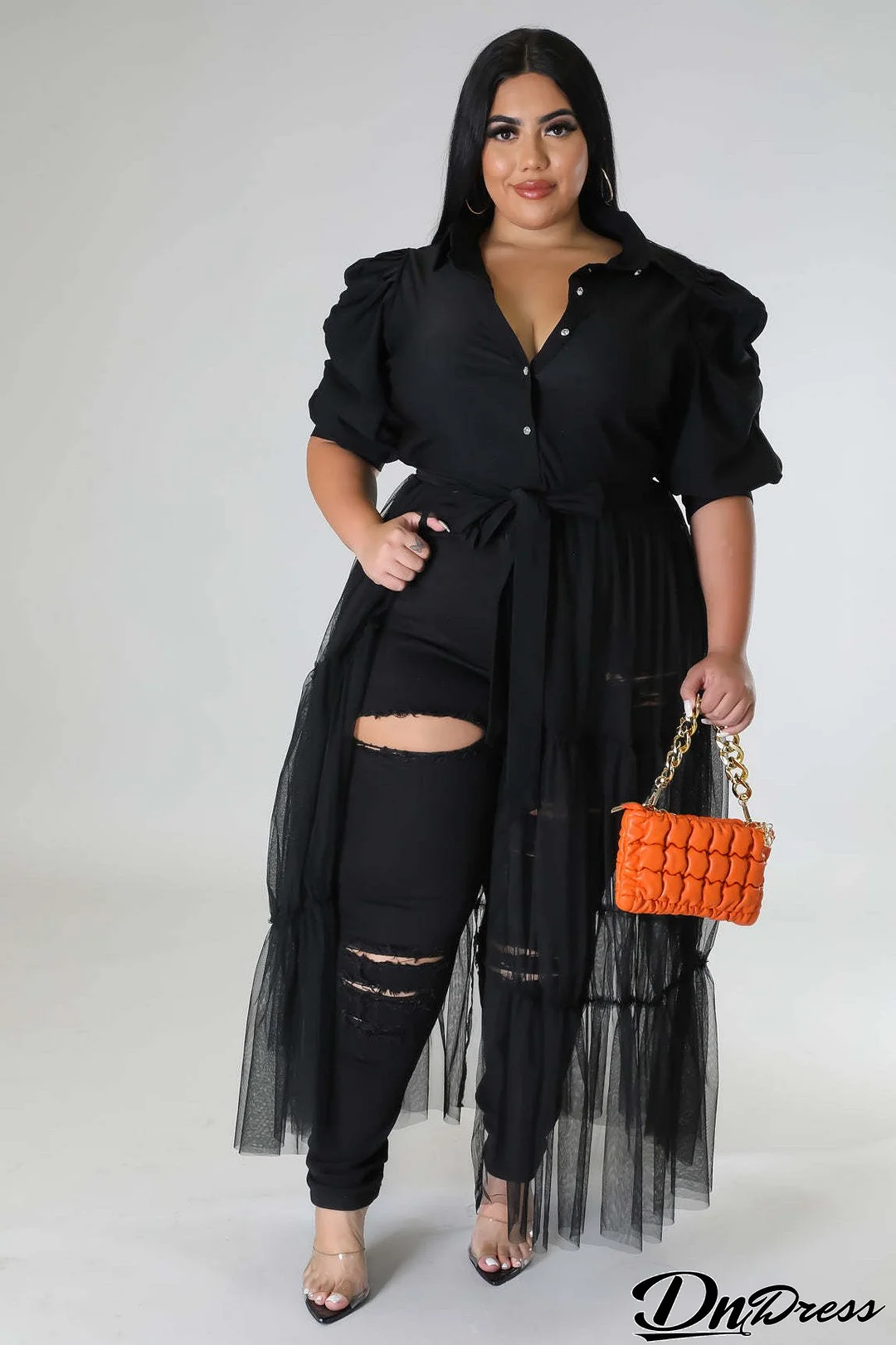 Plus Size Women Chiffon Puff Sleeve Mesh Patchwork Ruched Dress