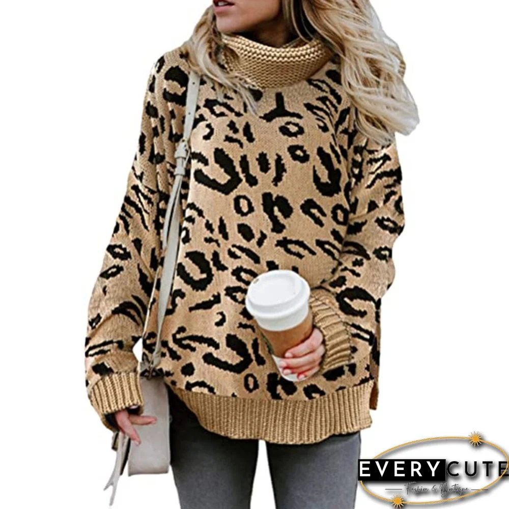 Khaki Leopard Print Cowl Neck Knitted Sweater