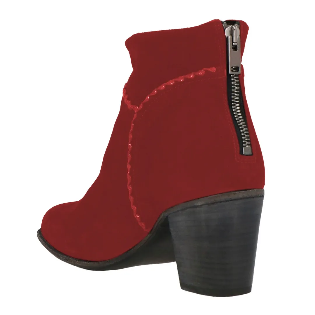 Red Round Toe Chunky Heel Back Zipper Stitching Short Booties