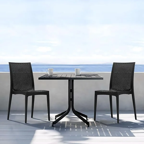 Outdoor Patio Chair Set of 2, Plastic Dinning Chairs, Stackable Wicker Style Plastic Chairs with Wide Seat and High Back for Dinning Room, Indoor, Outdoor, Restaurant, Bistro, Cafe, Black Black-2 Set