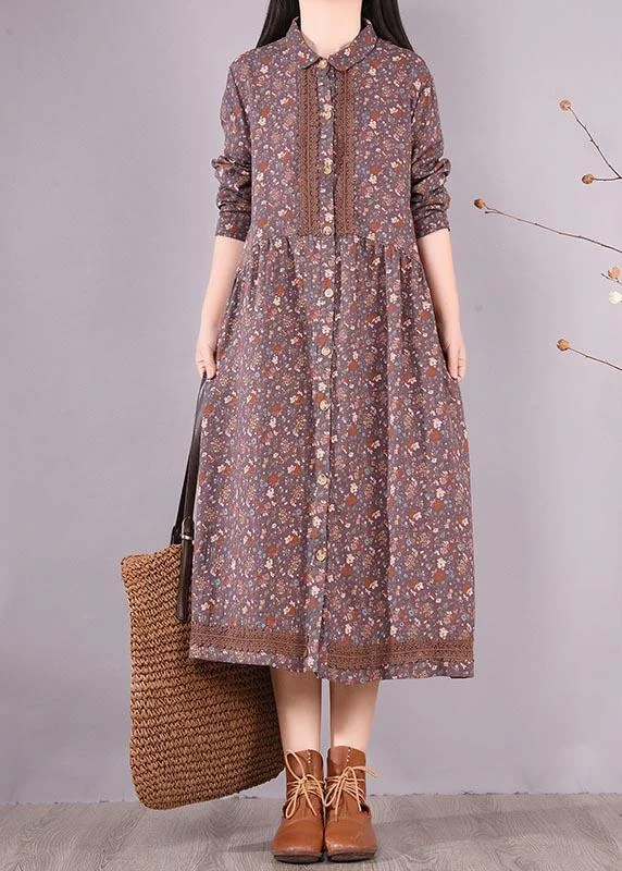 Chic Lapel Lace Spring Quilting Dresses Catwalk Purple Print Long Dresses
