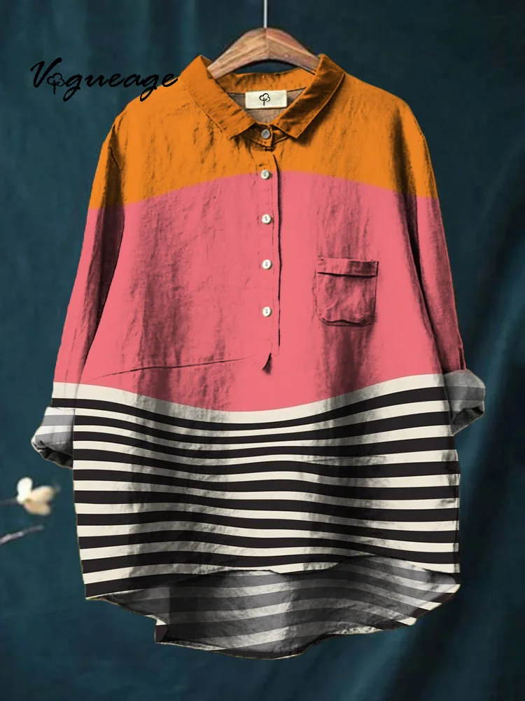 Fashion Contrast Striped Printed Cotton And Linen Women Shirt