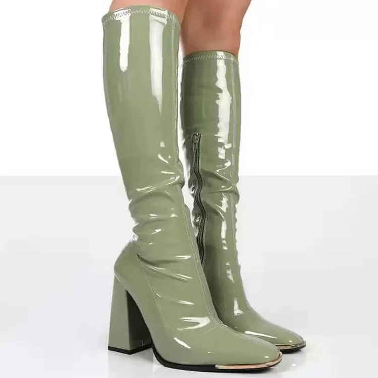 Solid Pointed Toe Chunky Heel PU Leather Boots-Green