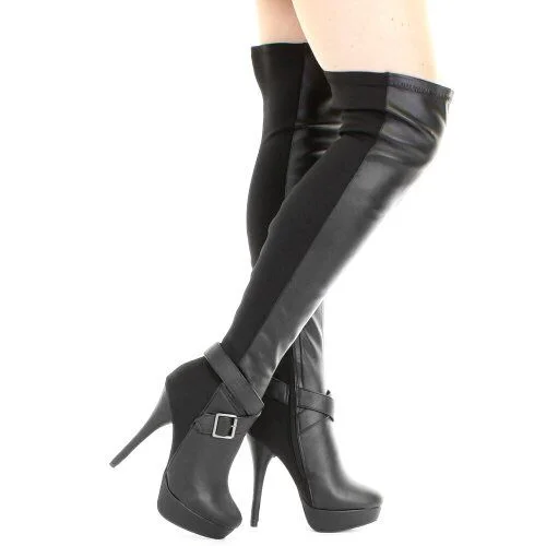 Black Crisscross Strap Over Knee Boots made-to-order Vdcoo