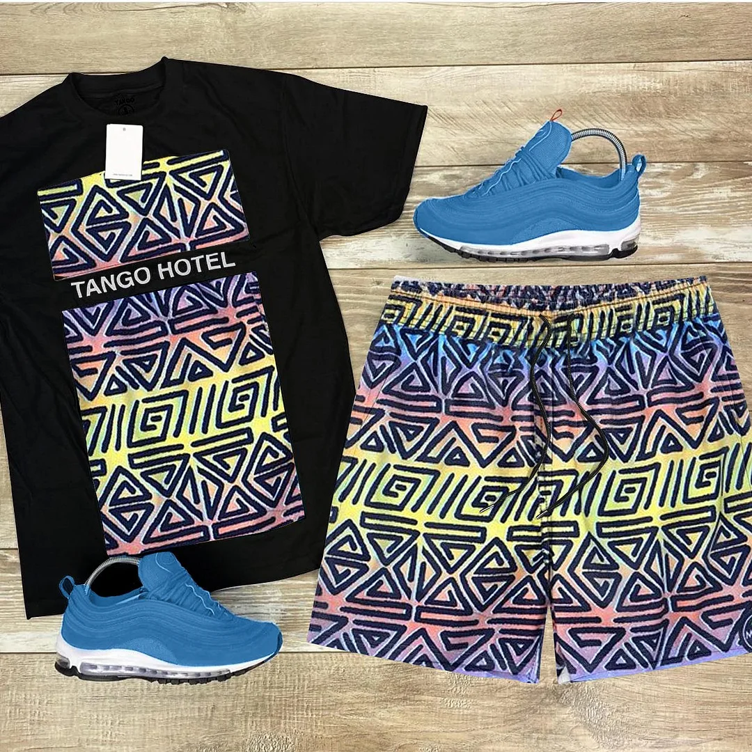 Men's Plus Size Cartoon Print Casual Short Sleeve Shorts Set