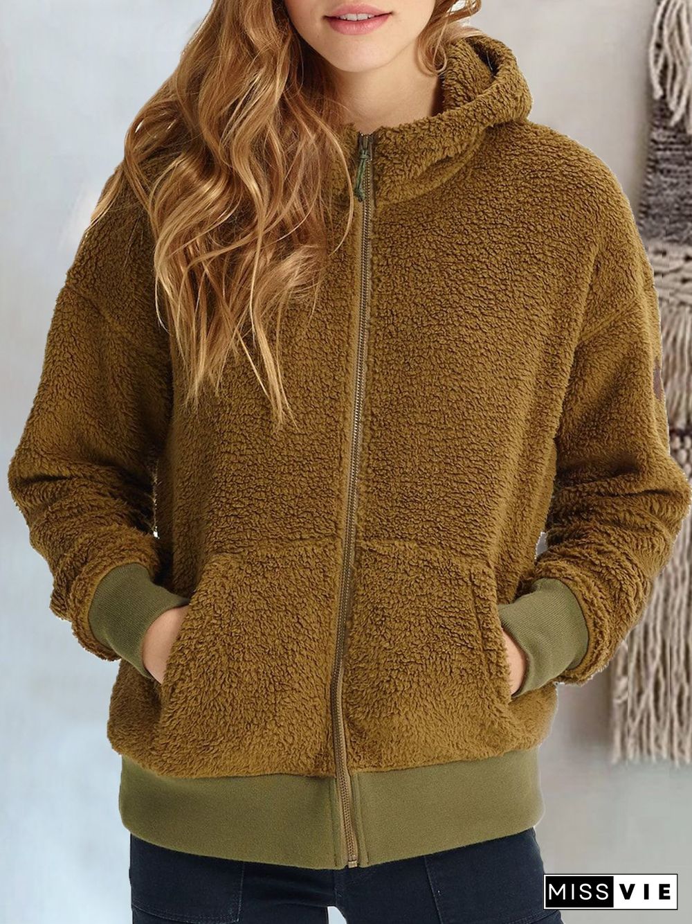 Women Casual Winter Solid Polyester Zipper Mid-weight Daily Long sleeve Hooded Jacket