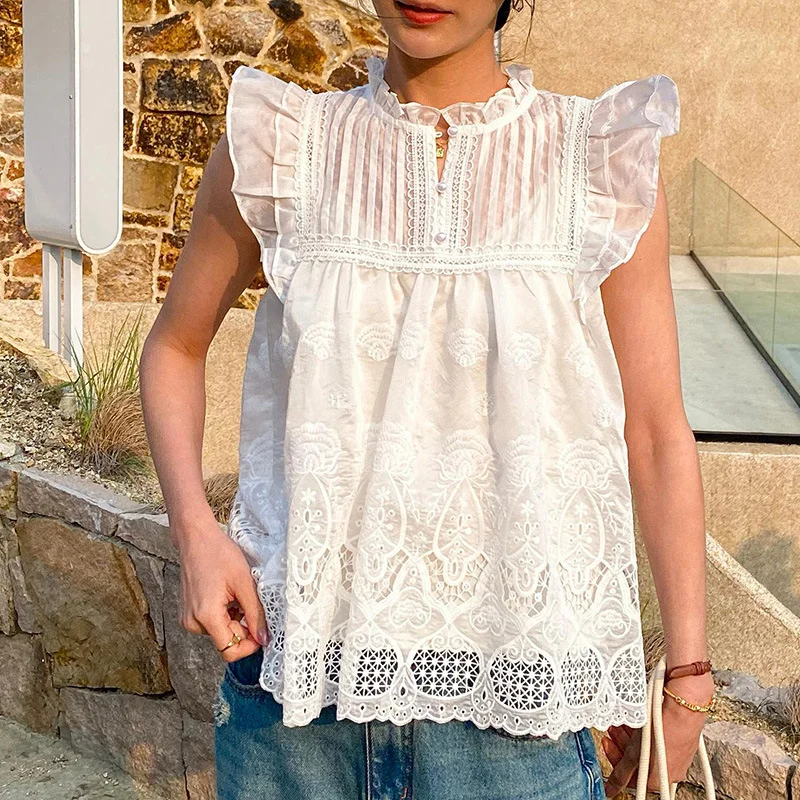Uveng Uveng New Tiansi Shirt Thin French Design Sense Of Southern Oil European Women's Clothing Famous Wind White Women's Top Sleeveless