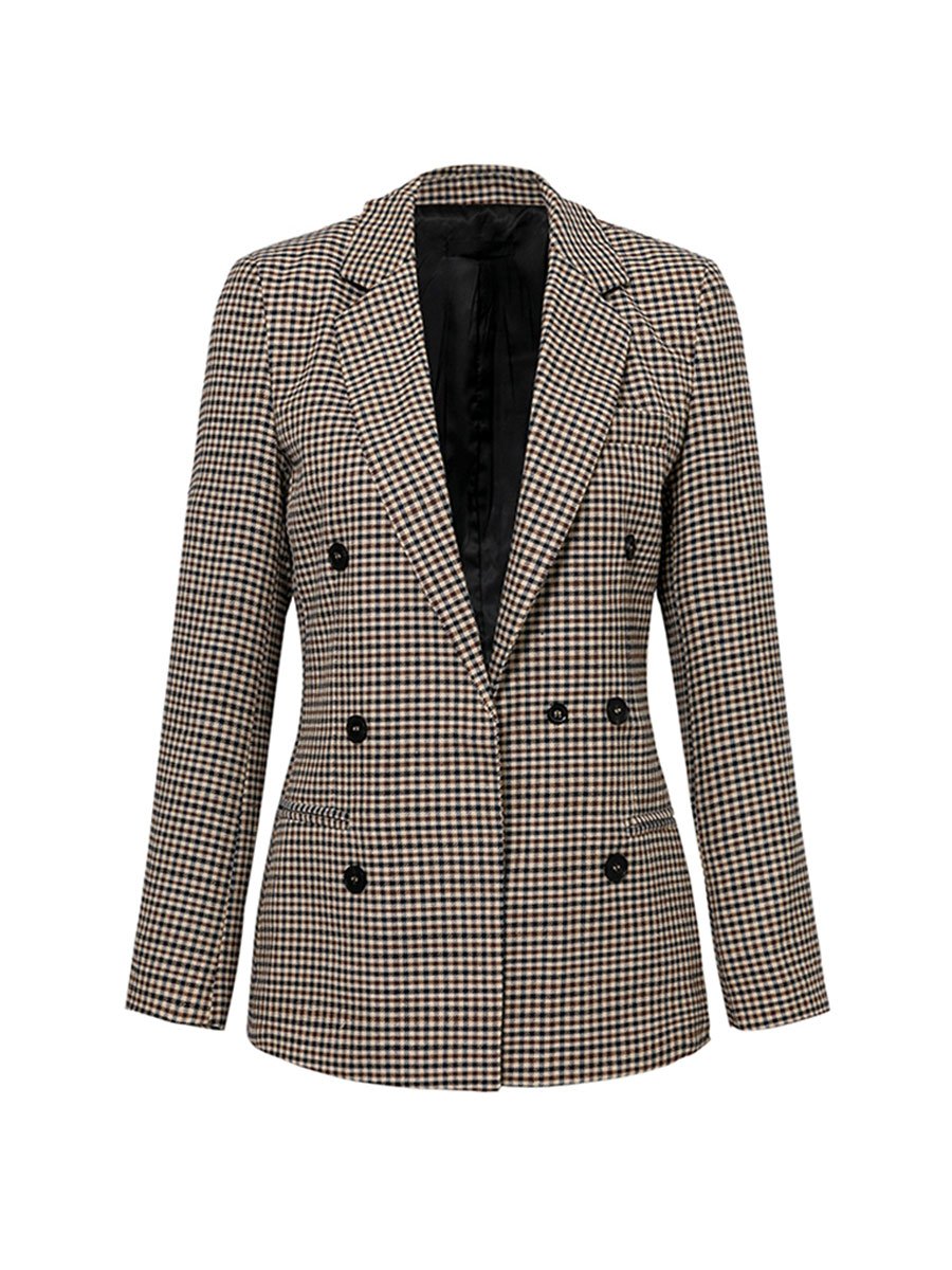 Ladies Outerwear Fashion Long Sleeve Double-breasted Plaid Blazer