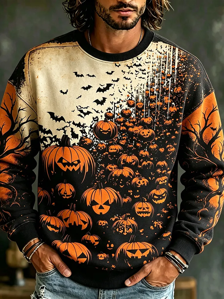 Vintage Washed Distressed Halloween Pumpkin Lantern Bat Crew Neck Sweatshirt