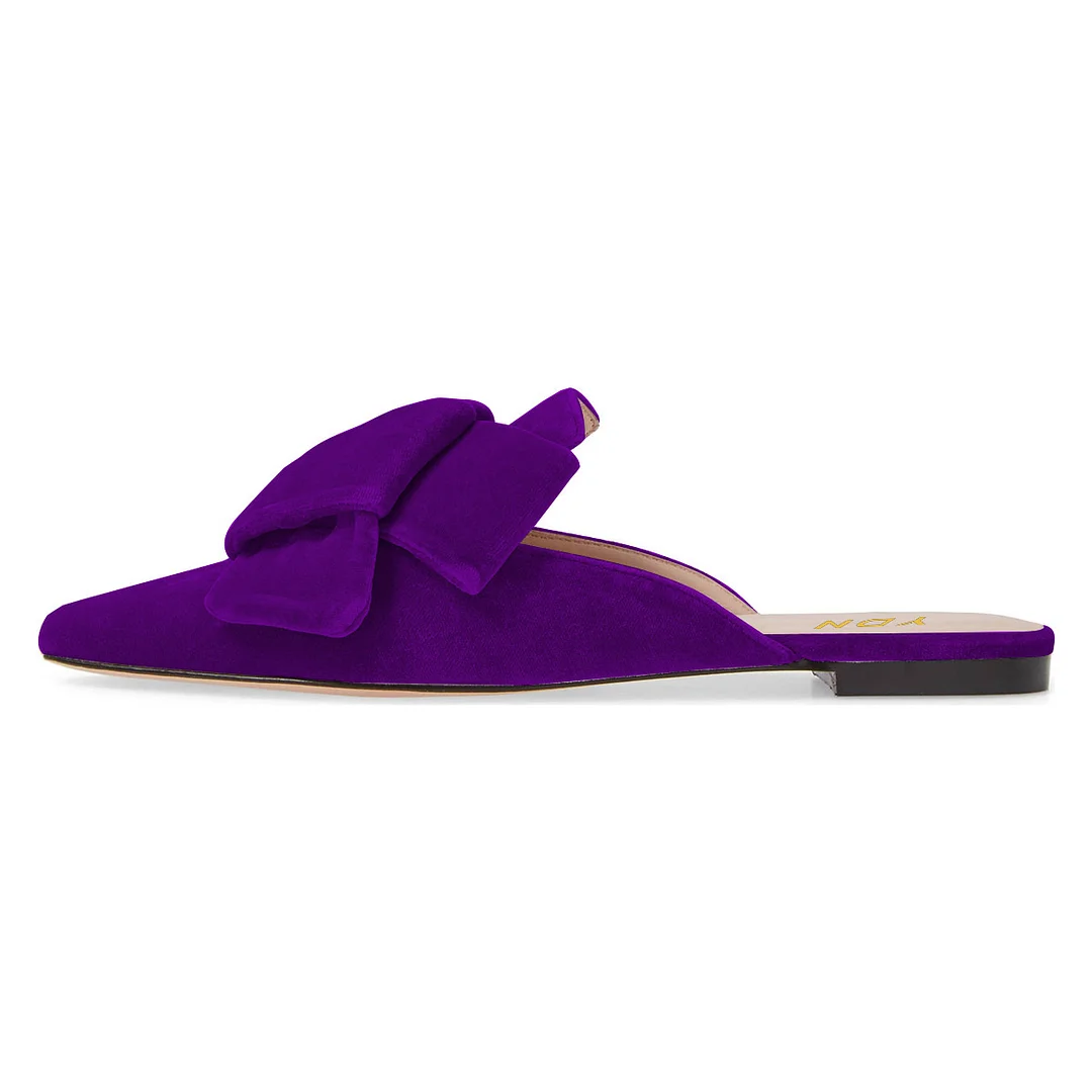 Purple Velvet Flat Pointed Toe Slip-On Knot Mule Shoes for Women
