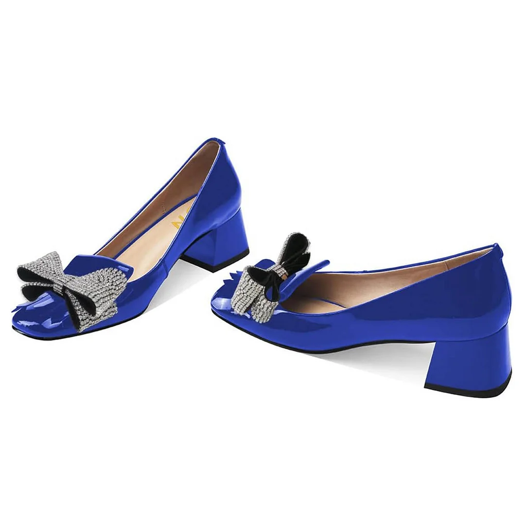 YDN Shiny Blue Rhinestone Bow Square Toe Fringe Low Heel Pumps