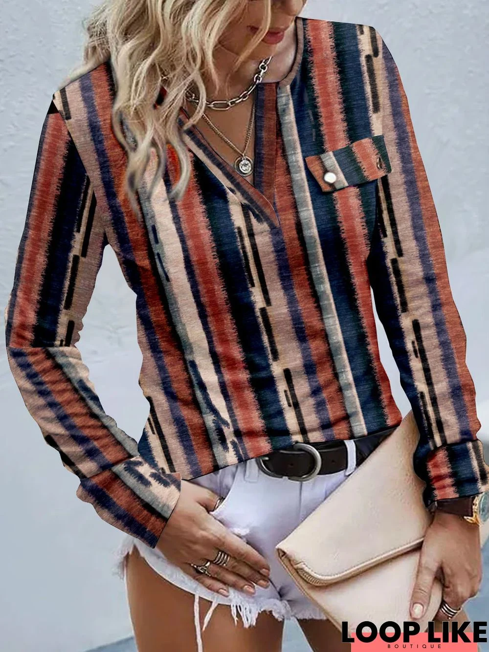 Geometric Stripe Printed V Neck Casual Top