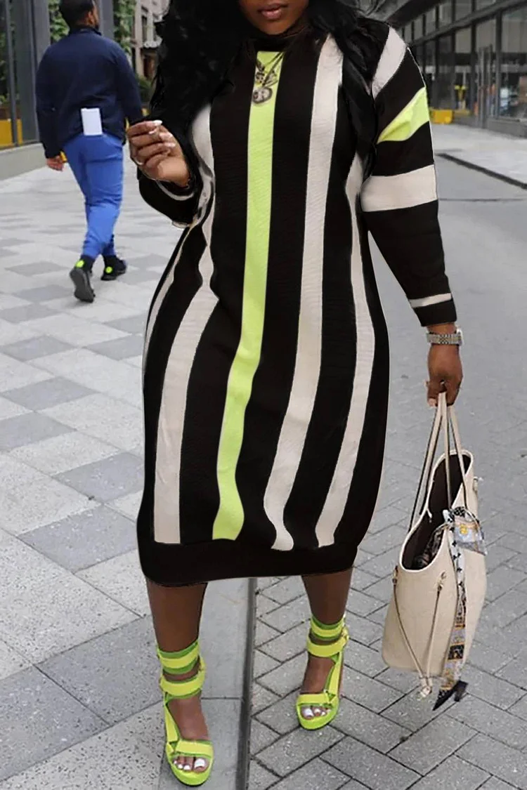 Plus Size Casual Dress Black Stripe Colorblock Knitted Midi Dress