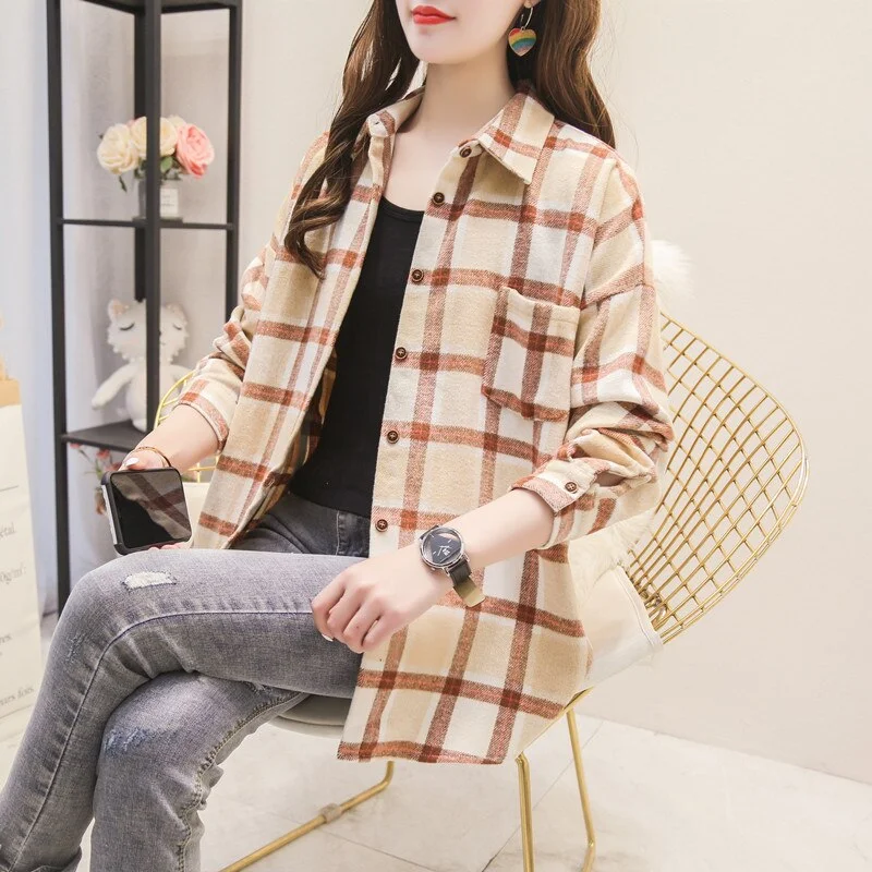 Autumn Winter Plaid Shirts Women Loose Blouses Woolen Lady Tops Female Clothes Outwear