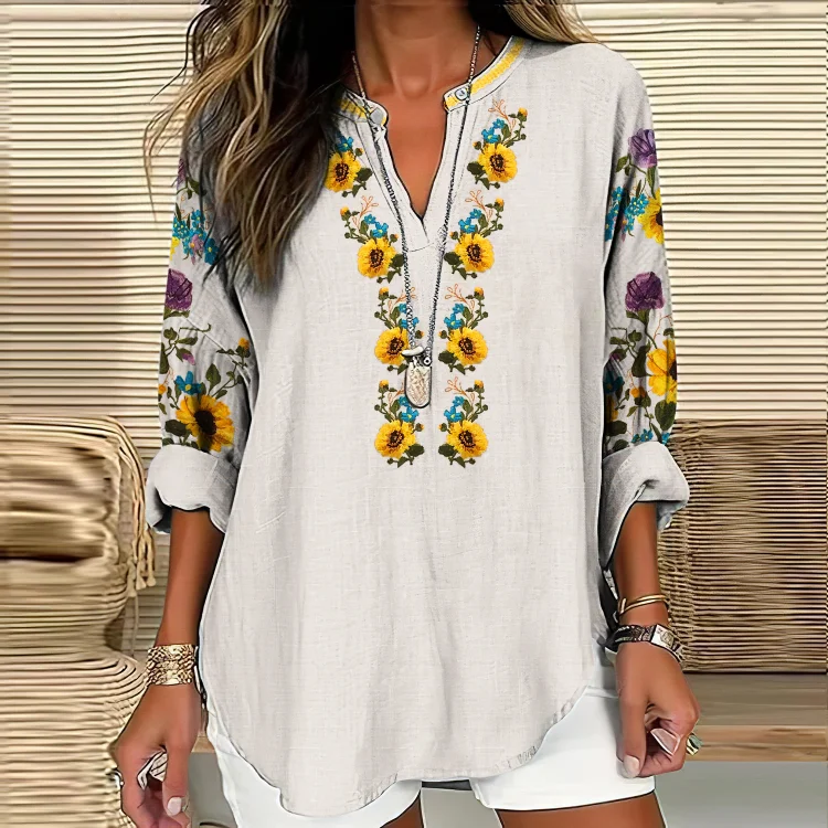 VChics Women's Ukraine Sunflower Art V-neck Casual Linen Blend Blouse