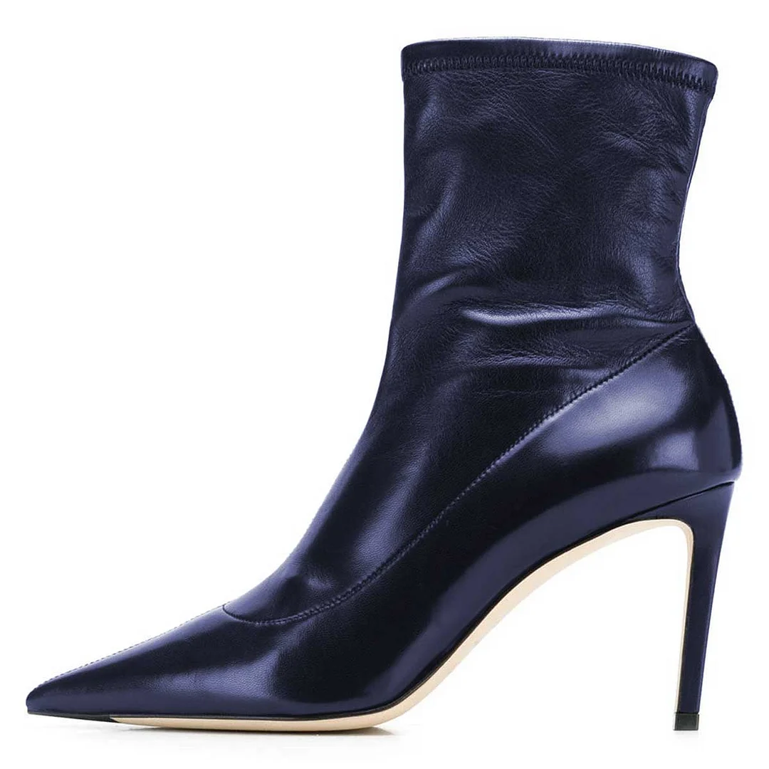 Classic Navy Pointed Toe Stiletto High Heel Stretch Booties for Women
