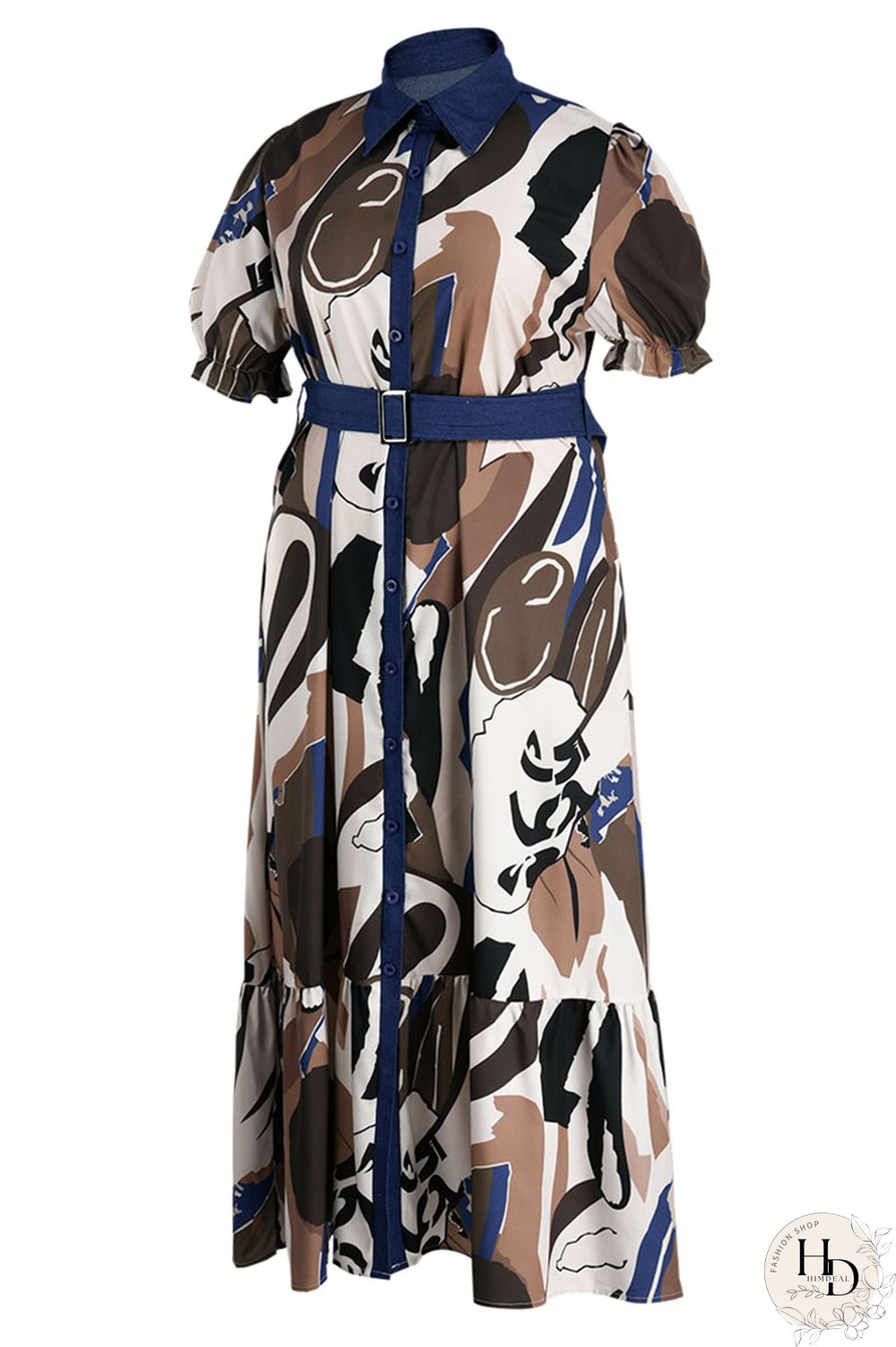 Tangerine Casual Print Patchwork Buckle Turndown Collar Straight Plus Size Dresses