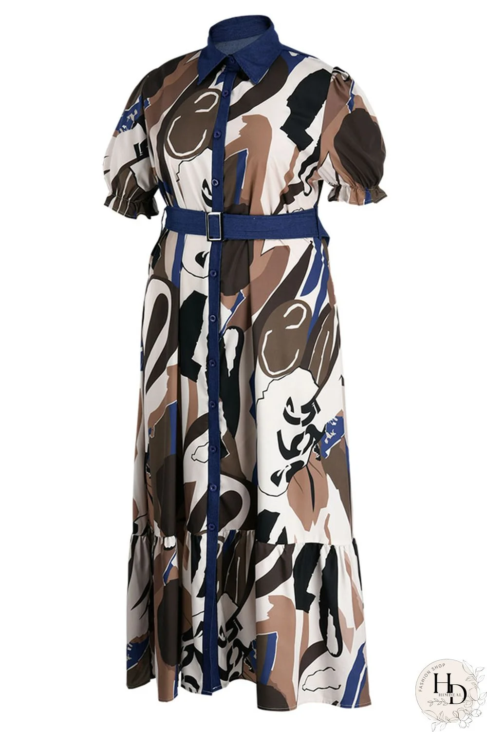 Tangerine Casual Print Patchwork Buckle Turndown Collar Straight Plus Size Dresses