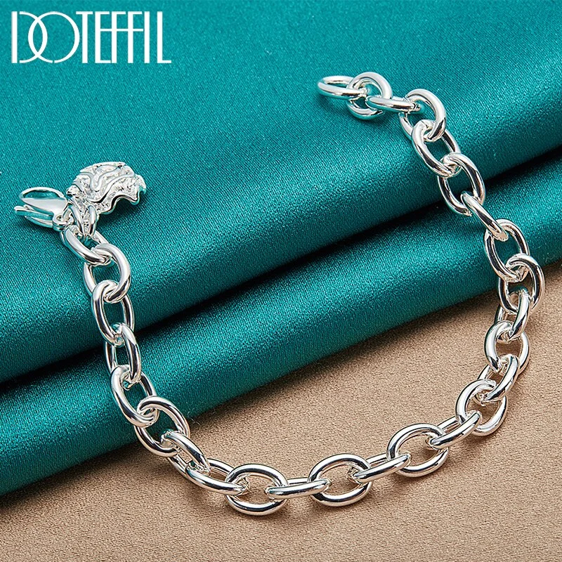 925 Sterling Silver Rose Flower Pendant Bracelet Thick Chain For Woman Jewelry