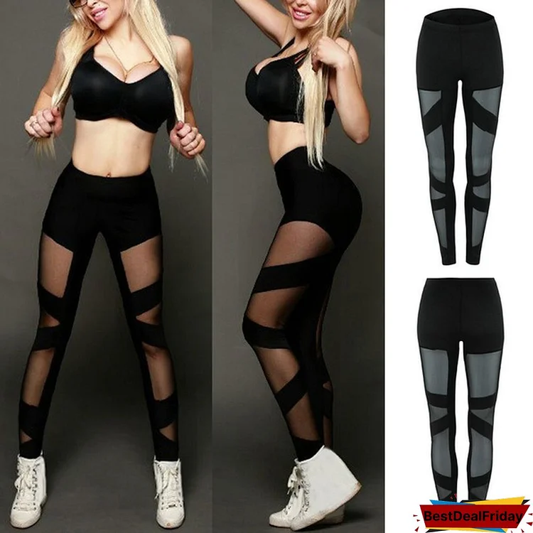 Women Sexy See-through Leggings Bandage Stitching Running Yoga Outwear Sports Casual Skinny Pants