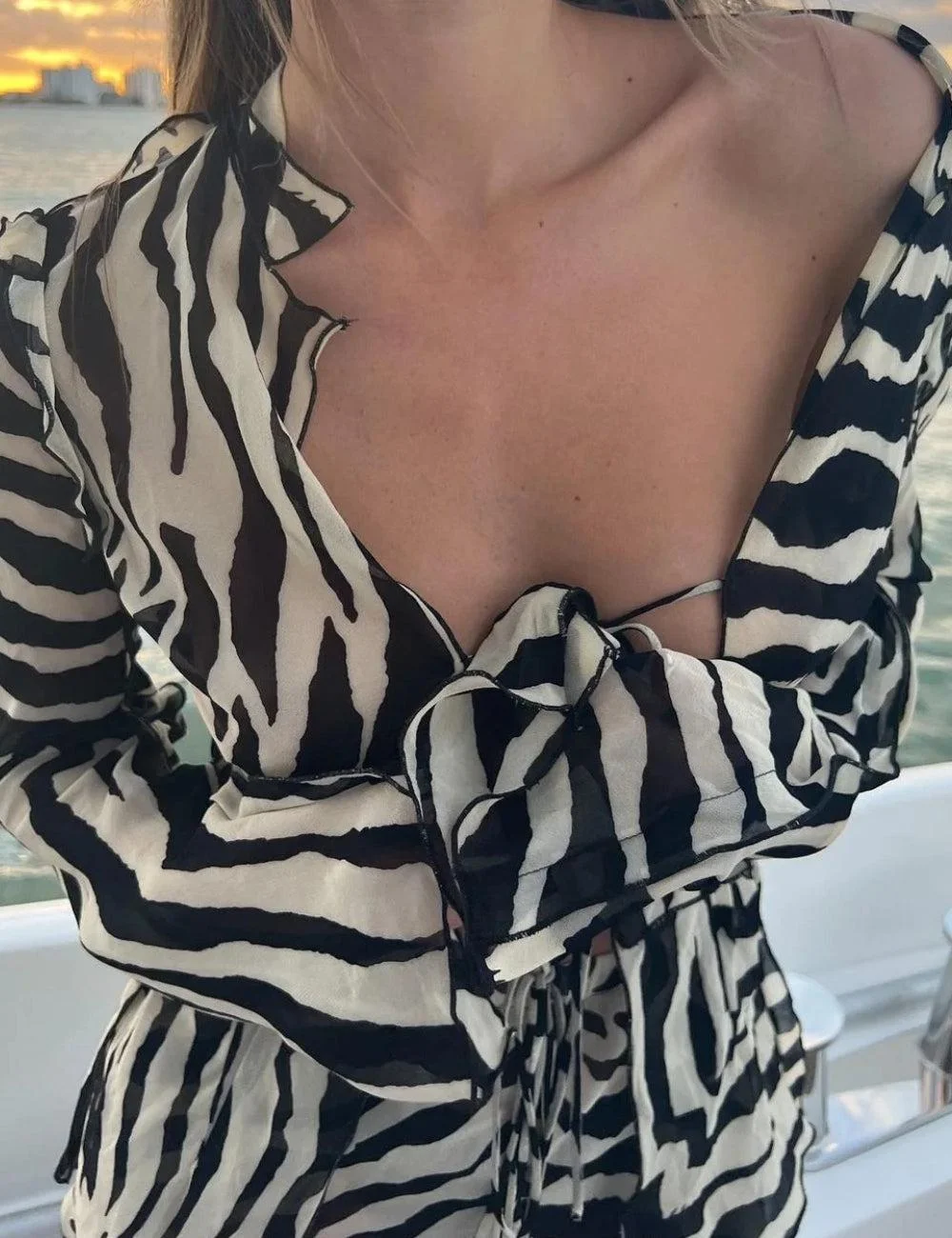 Brownm Tie Up Blouse & Pants Two Piece Set