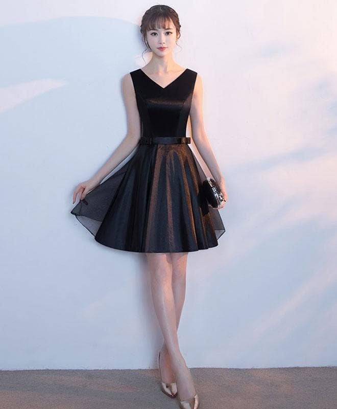 Cute Black V Neck Short Prom Dress With Bow