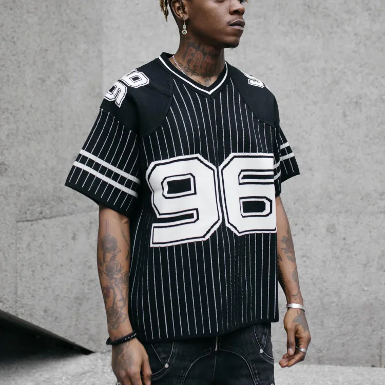 Vintage Stripe NO.96 Print Splicing Short Sleeve Graphics Printed Cotton Basketball V-neck T-Shirt