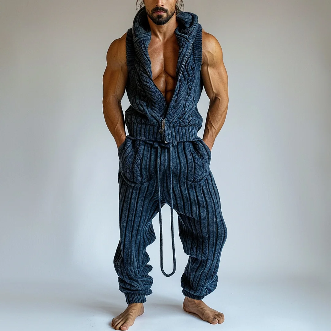 Retro Solid Color Casual Knitted Hooded Sleeveless Suit-inspireuse