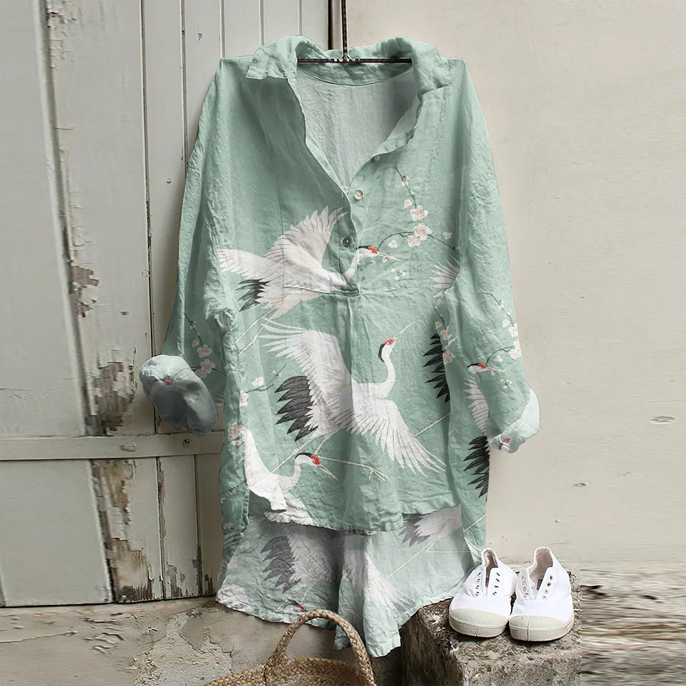 Crane Print Loose Casual Shirt