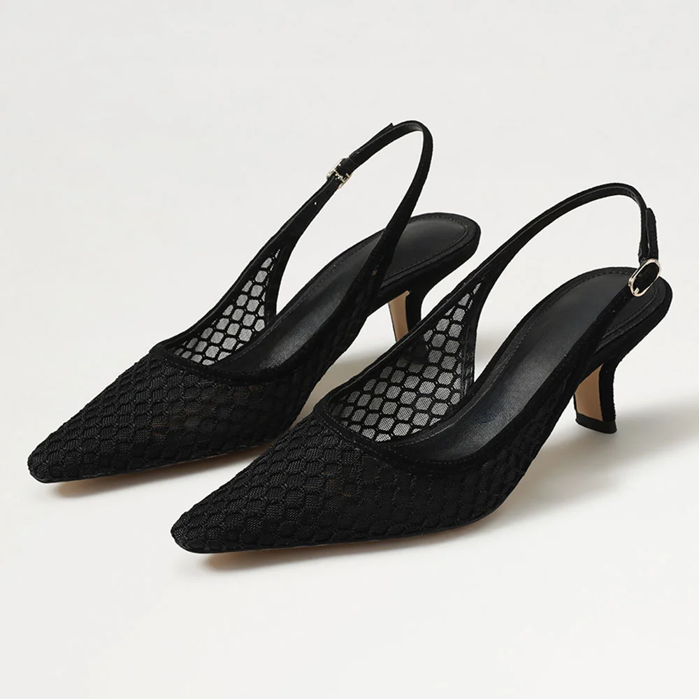 Black Mesh Pointed Toe Buckle Slingback Pumps Shoes with Chunky Heel