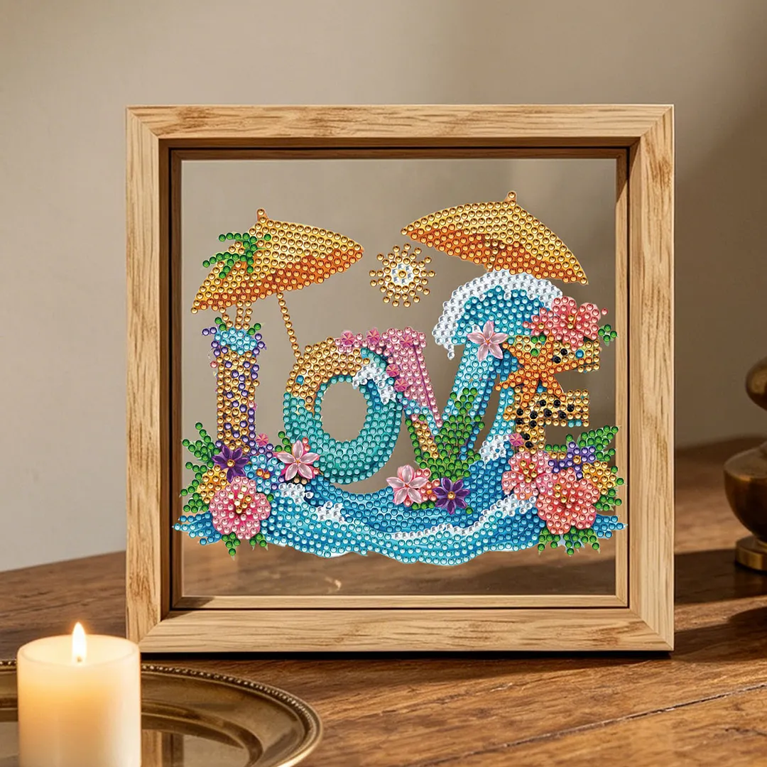 Beach Love DIY Special Shaped Drill Wooden Diamond Painting Tabletop Ornaments Kit with Photo Frame Desktop Diamond Art Kits Double-Sided Pattern for Adults/Beginners Home Decor