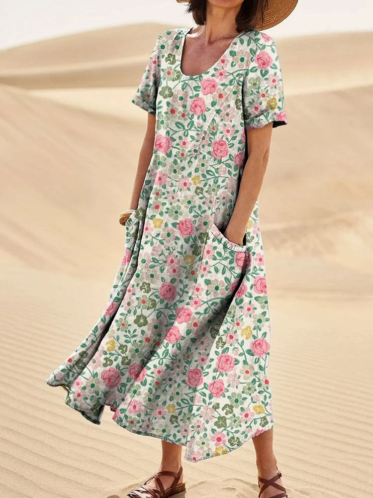 Women's Vintage Floral Flowers Texture Linen Pocket Dress