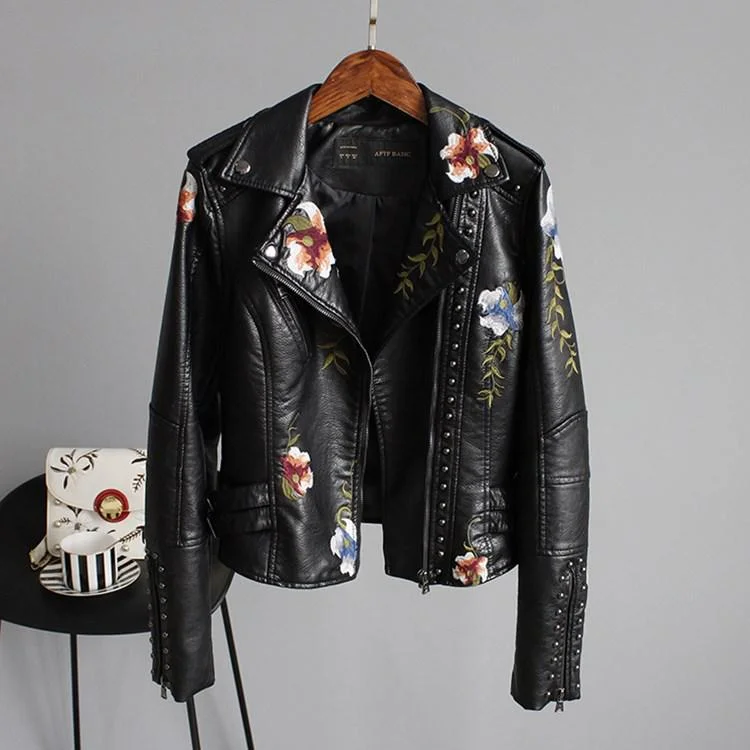 Ftlzz Women Floral Print Embroidery Faux Soft Leather Jacket Coat Turn-down Collar Casual Pu Motorcycle Black Punk Outerwear