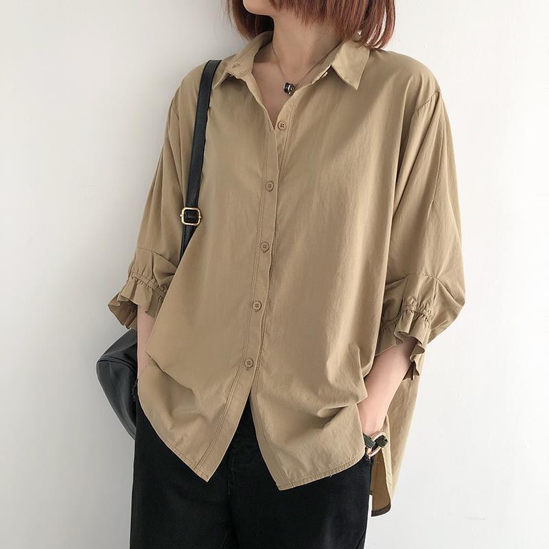 Women Chic Summer Cotton Lantern Sleeve Loose Blouses&Shirts