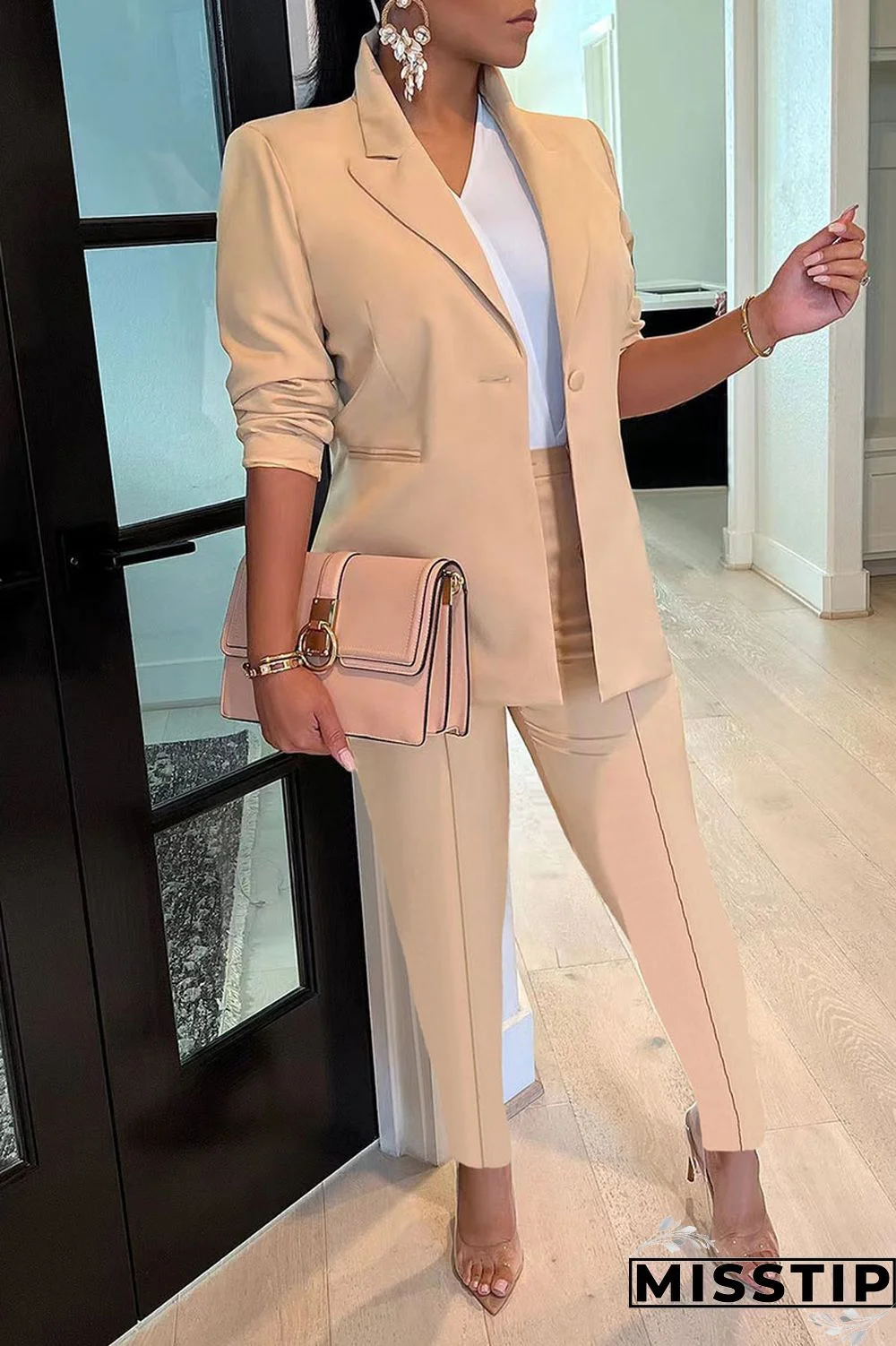 Black Casual Solid Patchwork Turn-back Collar Long Sleeve Two Pieces