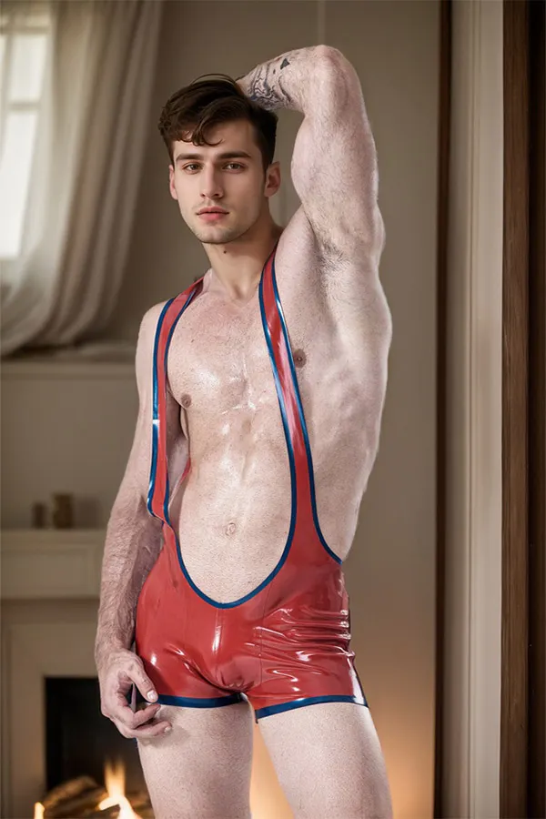 Men's Red & Blue Latex Bodysuits Male Open Bum Wrestling Suit Style Series Bodysuits