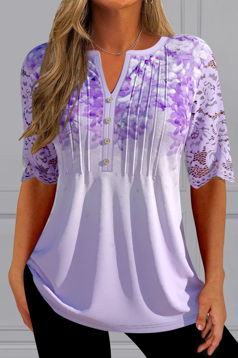 Plus Size Butterfly Print Half Lace Sleeve Split Neck Pleated Decorative Button Casual Blouses