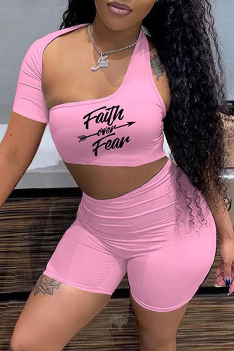 Pink Fashion Sexy Print Hollowed Out Short Sleeve Two Pieces | EGEMISS
