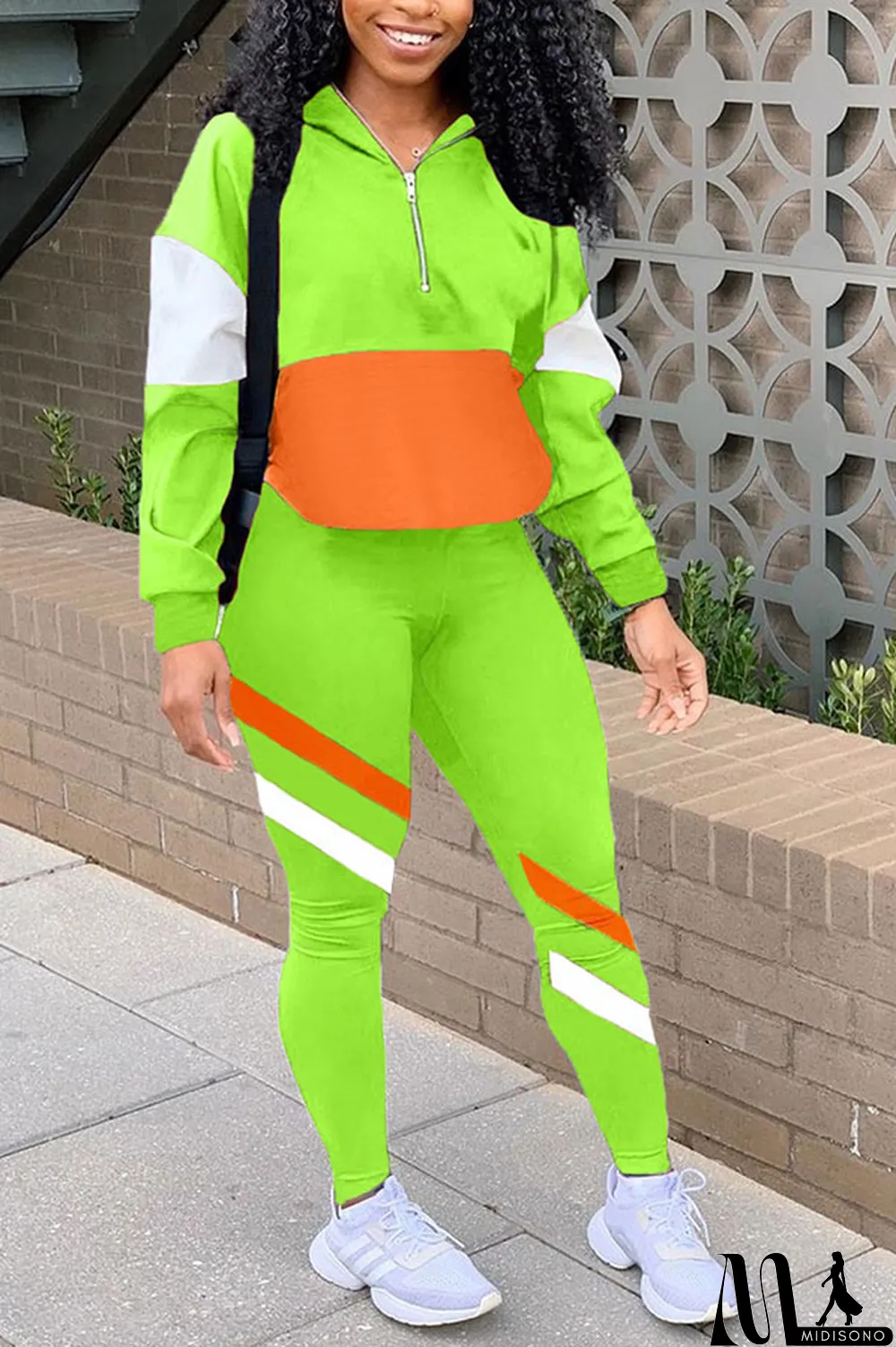 MidiSono - Fluorescent green Casual Striped Print Zippered Split Joint Mandarin Collar Long Sleeve Two Pieces