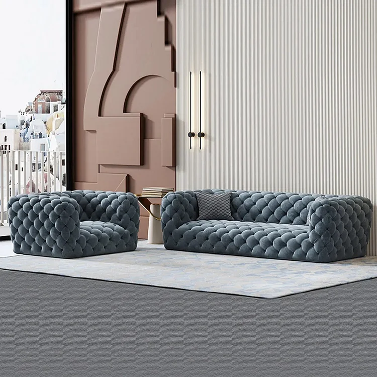 Homemys Luxury Velvet Square Arms Sofa, Deep Button Tufted Design, Solid Wood Frame